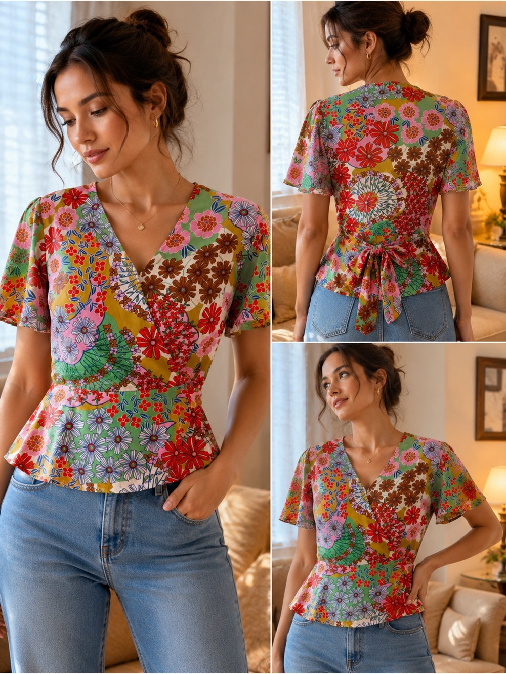 Dress Forum Bright Floral Wrap Blouse in Green, Pink, Red, Yellow
